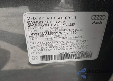 2012 Audi Q5 3.2 Premium Plus из США, поврежденный, VIN WA1DKAFP6CA042526